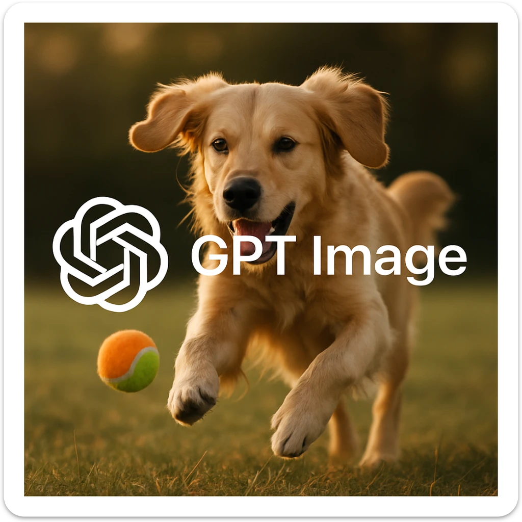  logo of chat gpt with text "GPT Image" on the background of a dog chasing ball, realistic image sticker