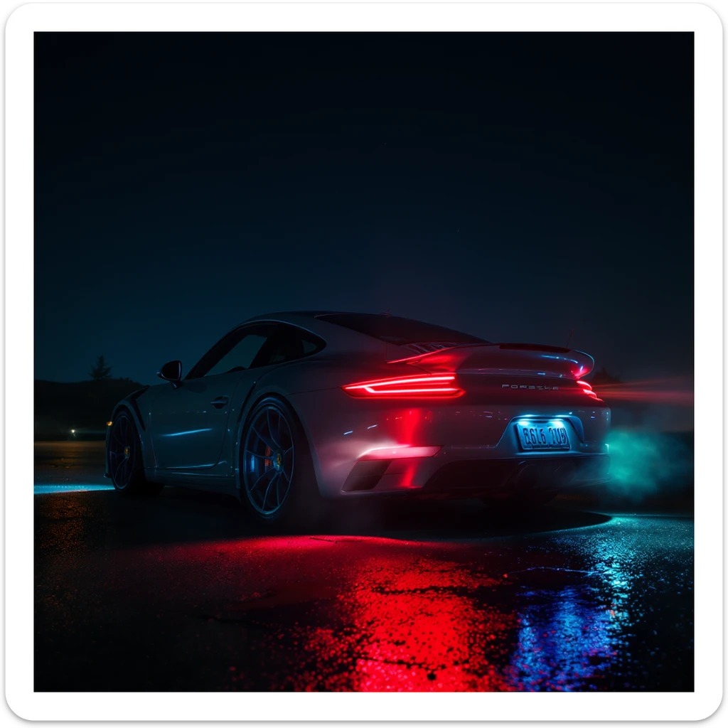 Cinematic still of a porsche 911, night photo, red lights and blue bright night  sticker