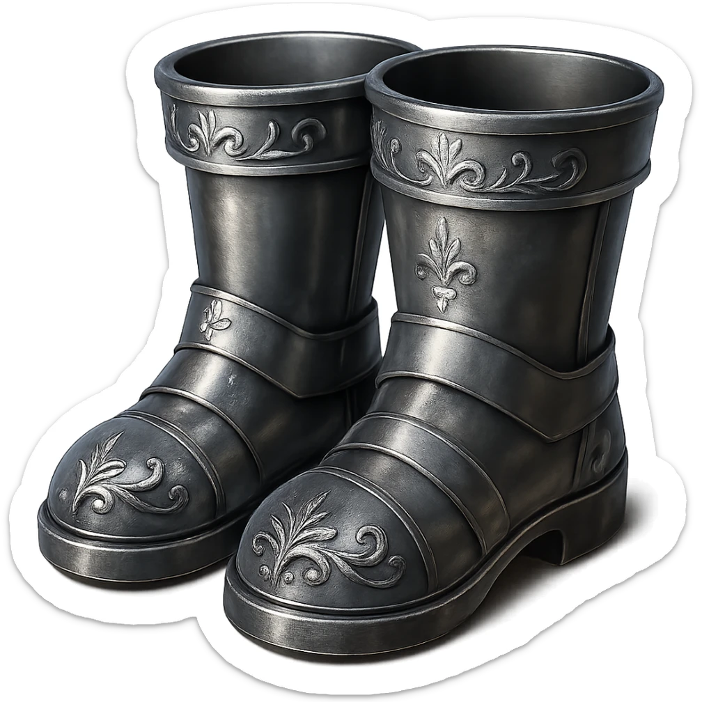 Recolor these iron boots to realistic metallic steel with crisp, shiny, and slightly fancier iron engravings. Keep the look detailed and realistic in a style inspired by emoji style. Transparent background. sticker