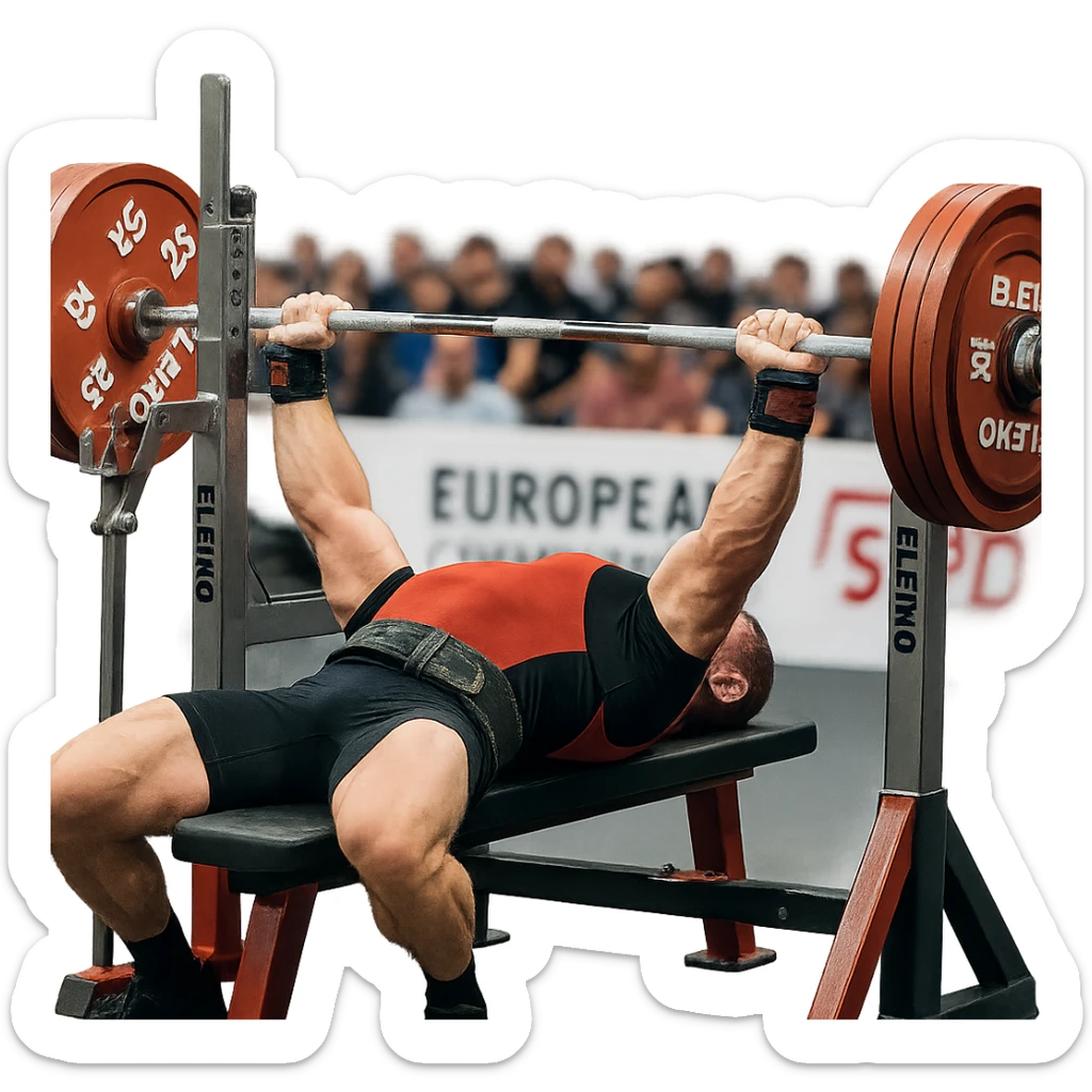 European powerlifter in federation, performing bench press, muscles tense, blurred audience background, competition details, isolated on white background sticker