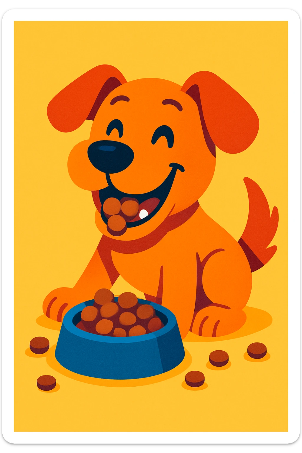 happy dog munching on kibble, vibrant toon style, playful art, joyful and lively sticker