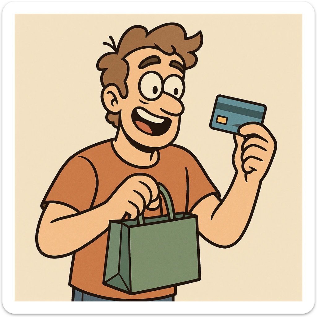 a man with a credit card and a shopping bag, cartoon style sticker