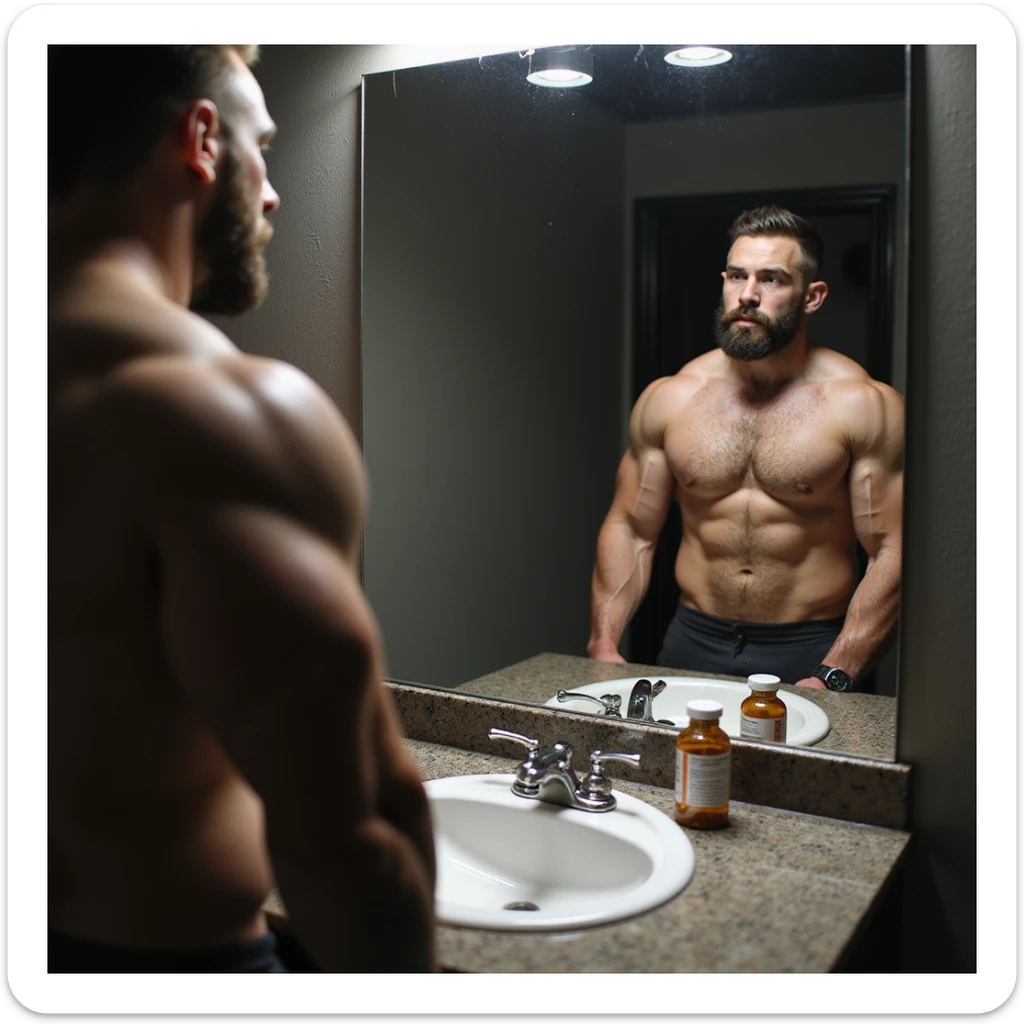 realistic powerlifter athlete in front of mirror, observing his physique and a bottle of anabolic steroids (AAS) on sink, thoughtful expression, isolated on white background sticker