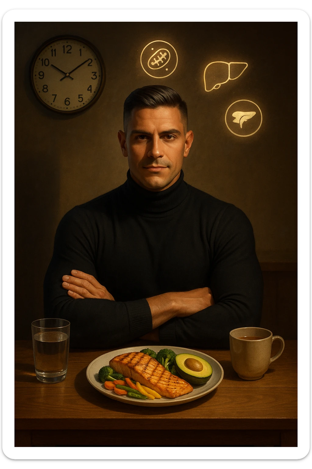 A realistic, cinematic illustration of a healthy, fit man in his early 30s with a calm, disciplined expression, sitting at a clean wooden table in the evening with a single, balanced, nutrient-dense meal in front of him (grilled salmon, colorful vegetables, avocado). The rest of the day he drinks only water and herbal tea, visible in a glass and a simple cup on the side. A wall clock in the background shows 6:00 PM, emphasizing that this is his only meal of the day (OMAD). Subtle glowing icons above him display a regenerating cell, mitochondria, and a liver symbol, representing autophagy, longevity, and health benefits of OMAD. The lighting is warm, with cinematic shadows and natural tones, creating a sense of discipline, mental clarity, and health optimization. The man looks centered and content, showing that OMAD is a conscious choice for energy and regeneration, not restrizione. The scene is realistic with slight film grain for depth sticker