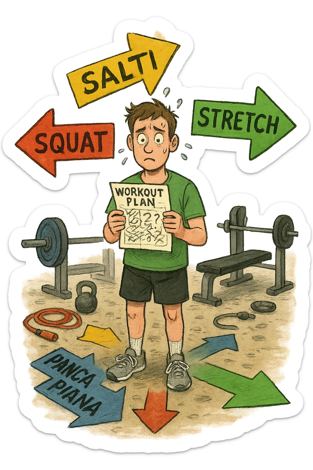 a person stands in the center of a gym, surrounded by arrows pointing in all directions, each labeled with a different exercise (e.g., “squat,” “Salti,” “stretch,” “Panca Piana”). The person looks bewildered, holding a workout plan with scribbles and question marks. The scene is colorful but visually messy, symbolizing confusion. in italiano immagine iperrealistica sticker