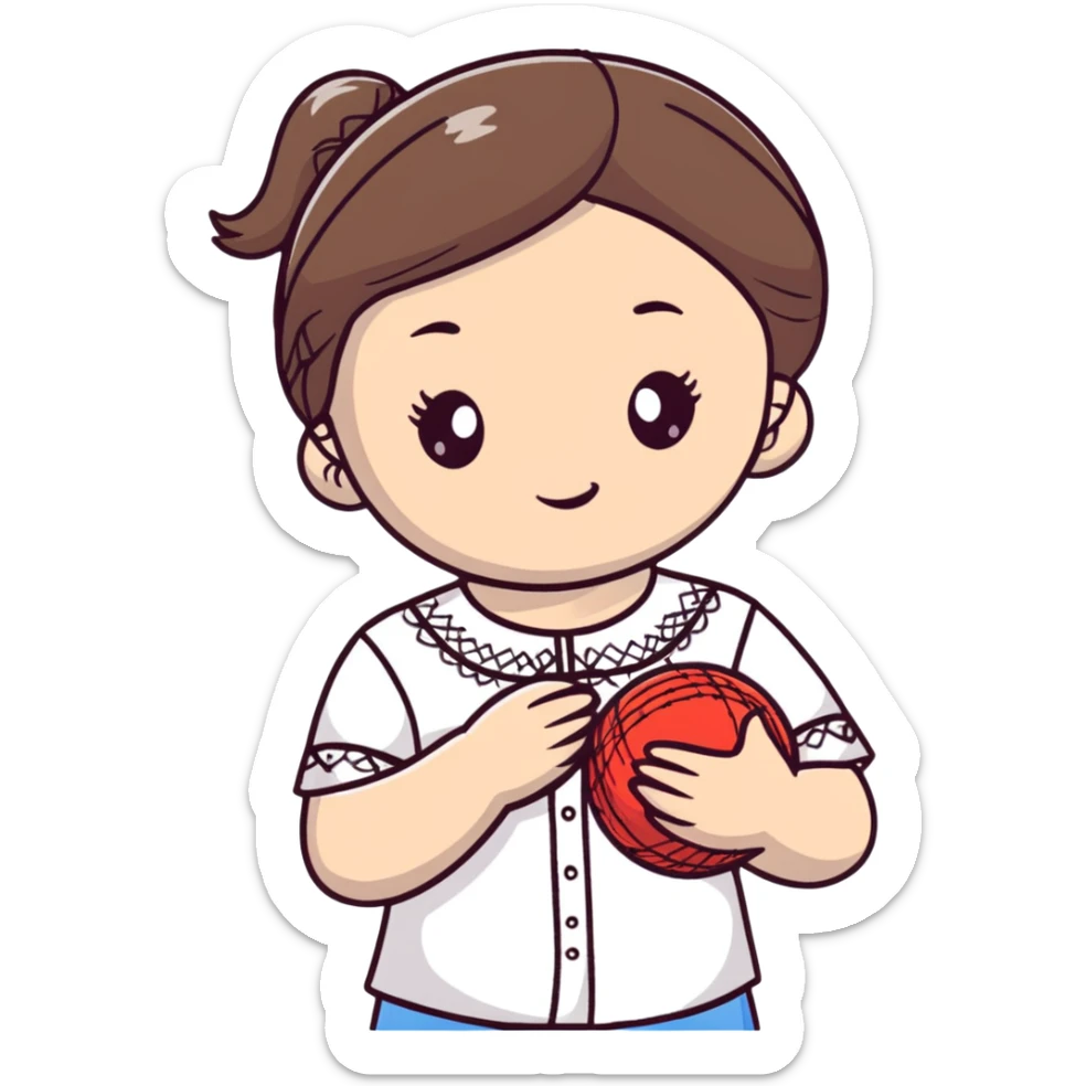 A young Ukrainian girl in a white embroidered shirt holds a ball of thread in her hand sticker