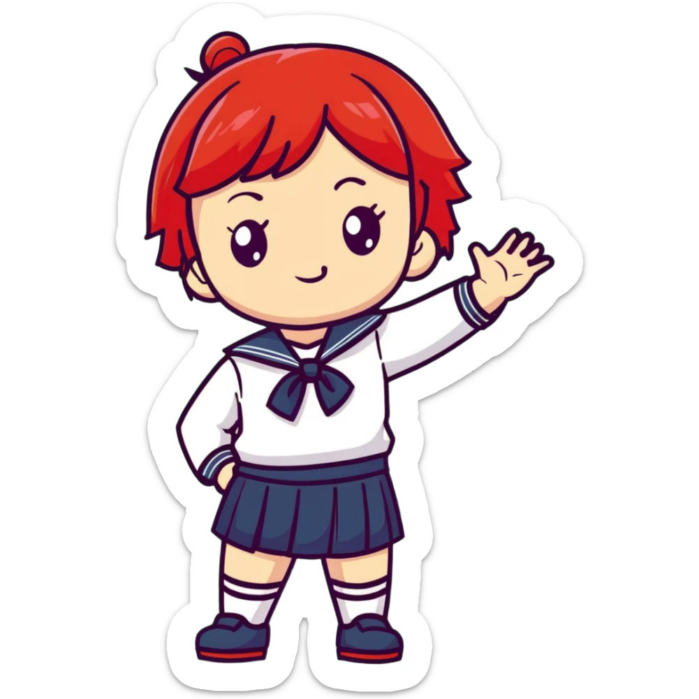 Serious anime girl with short bright red hair wearing Japanese sailor style school uniform, composed expression with hand on hip, confident and stern sticker