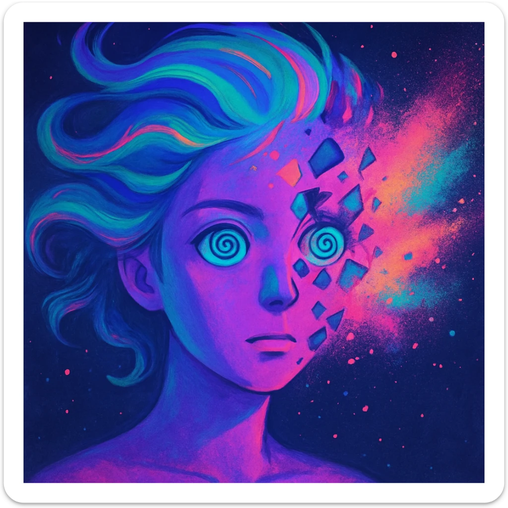 surreal portrait, neon skin, dissolving face with airbrush color explosion, hair as liquid color swirls like aurora, spiral eyes, geometric shapes breaking through face, paint spray effect, acid purple, turquoise, electric pink, smooth blending, dynamic movement sticker
