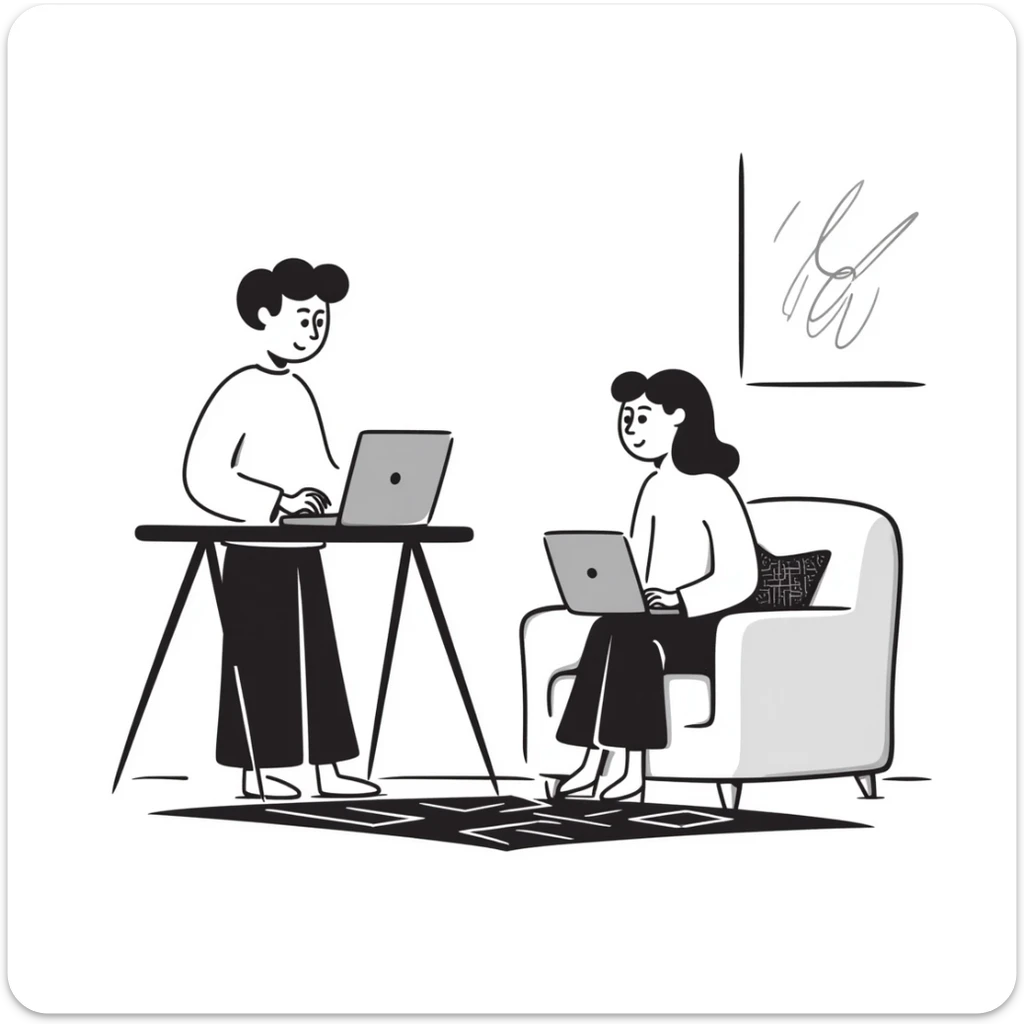 escenary 3d of a cozy mid-century living room with two people working on laptops, one man standing at a desk and one woman sitting on a couch, two walls and floor visible sticker