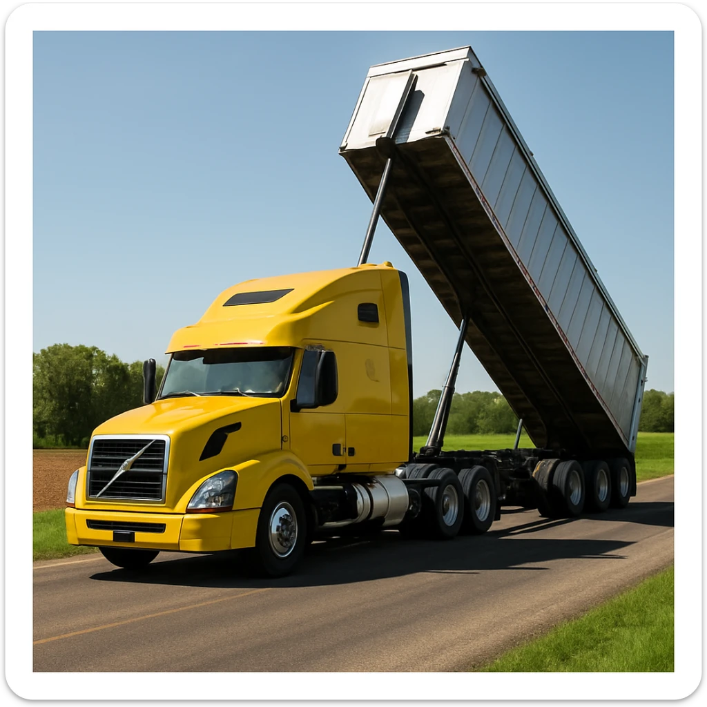 highly photorealistic Volvo yellow semi sleeper truck with a long silver end dump trailer in the raised dump position, driving to the left down a rural country road with fields and trees, bright daytime lighting, clear sky sticker