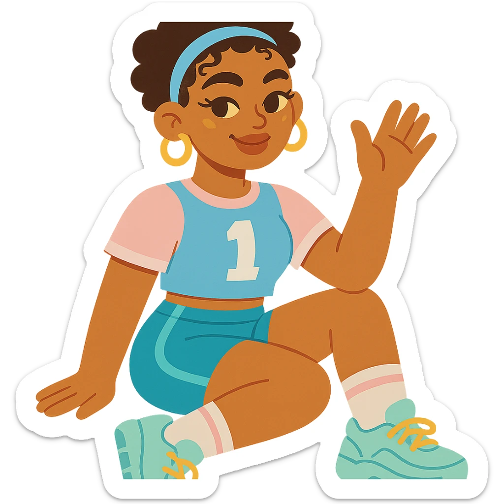 curly hair, light brown skin, baby hairs, subtle makeup with highlighter, Y2K and sportlife style sticker