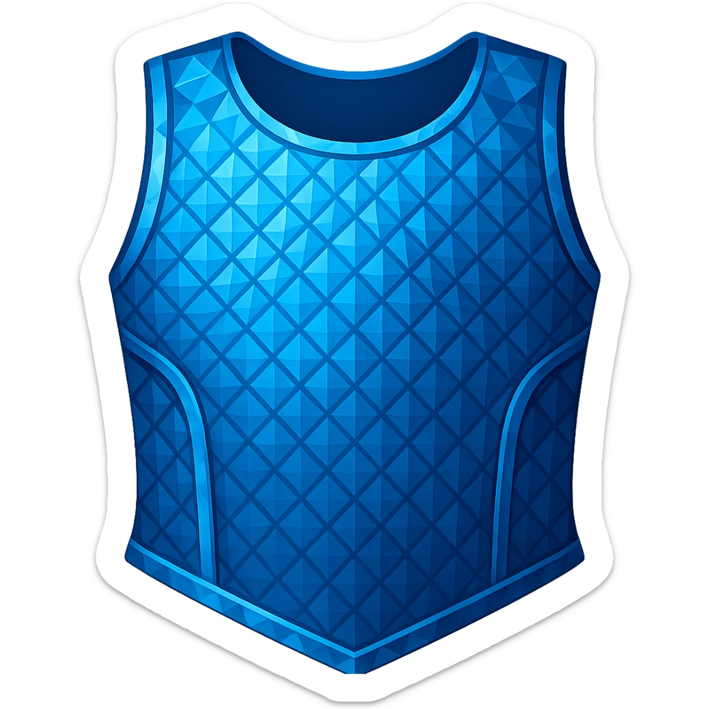 Remove the shoulders and make the diamond platebody match the shape and style of the referenced bronze chainbody: sleeveless, no shoulder pads, blue crystalline texture, in emoji style with transparent background. sticker