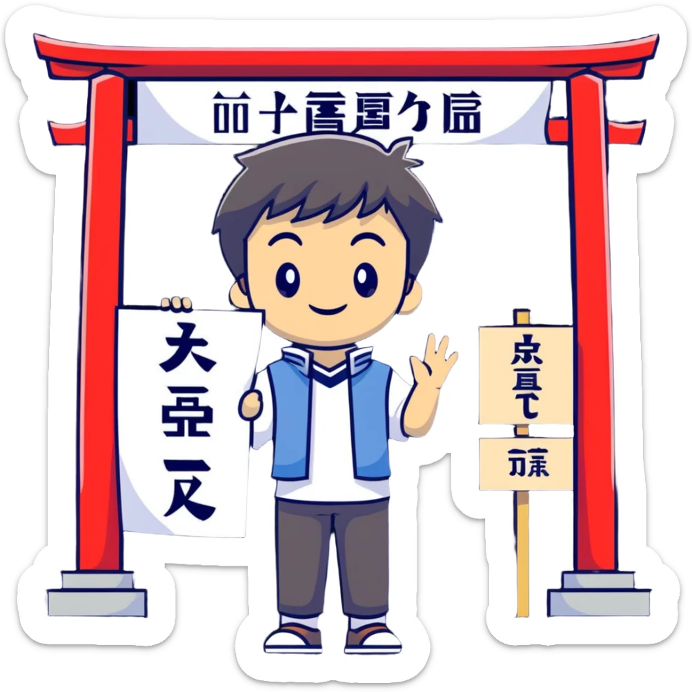 Japanese high school boy welcoming visitors with poster at cultural festival entrance sticker