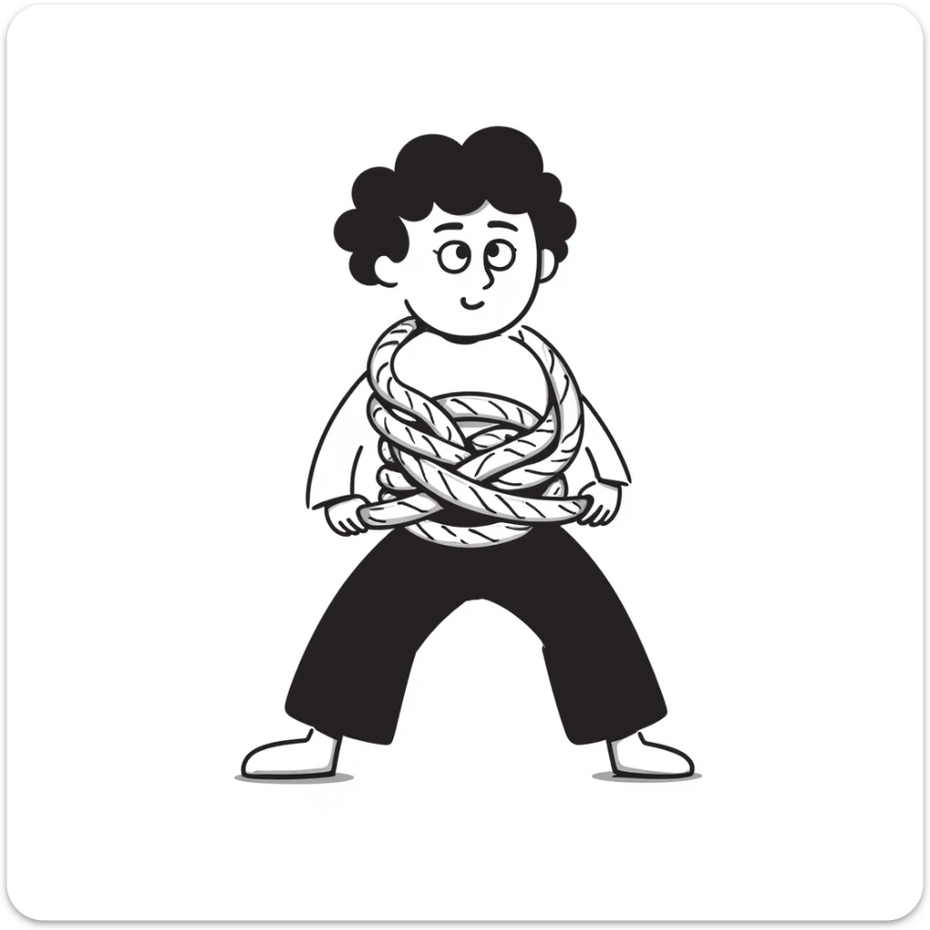 A person humorously tied up and tangled in rope with a silly expression, drawn in a lighthearted way sticker