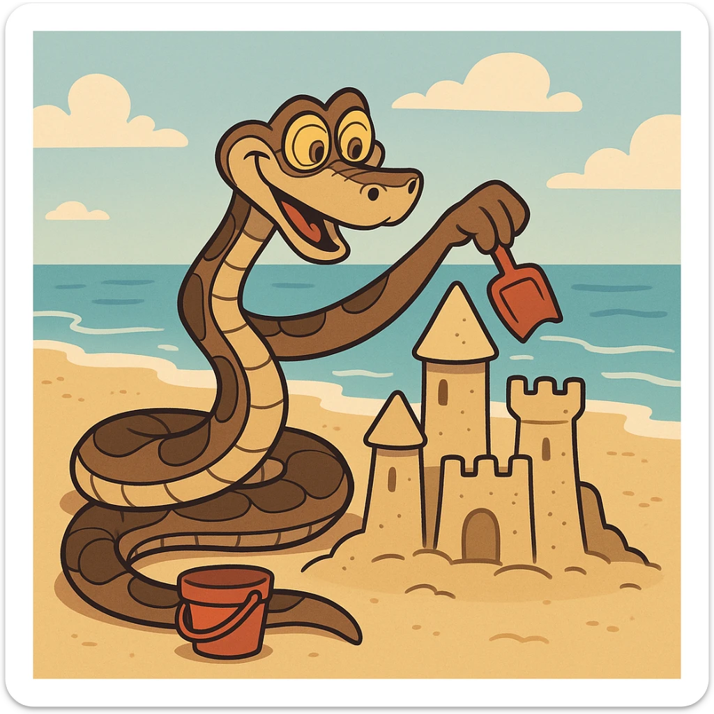 Kaa the snake from The Jungle Book building a sandcastle at the beach, playful cartoon style sticker