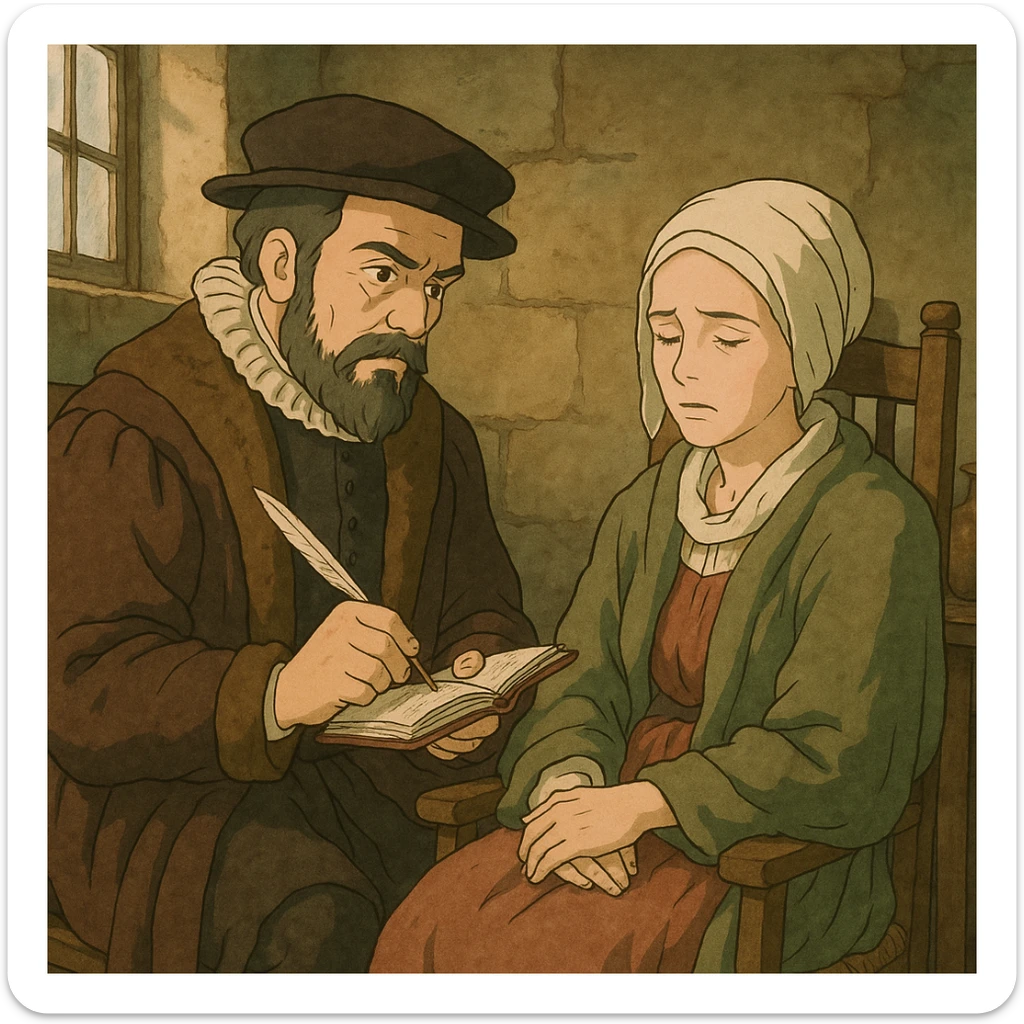 A doctor from the 1500s in Europe making written notes about a sick female patient in his care by carefully observing the patient who is ill and sitting in a chair in their home. sticker