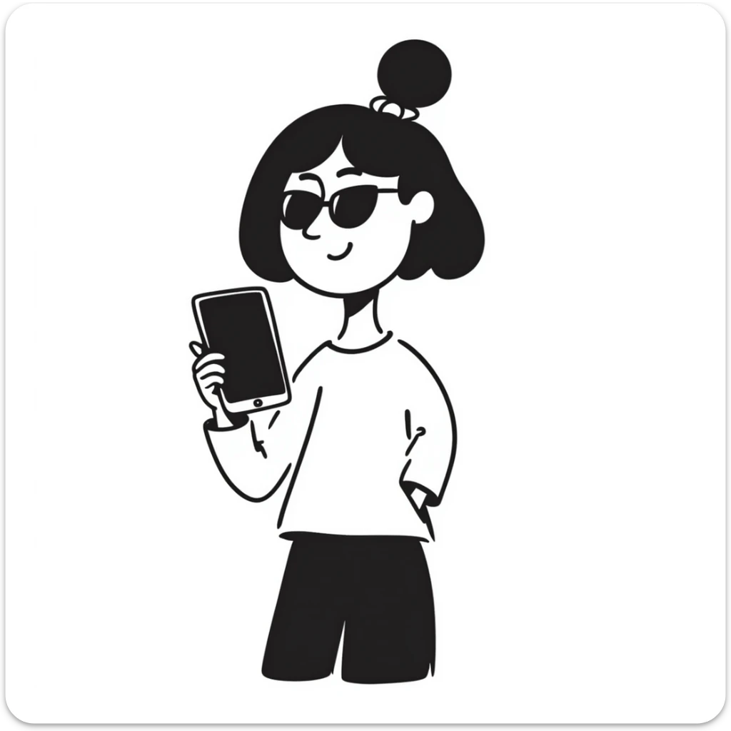 Girl with huge lips, sunglasses, bow on her hair, holding a phone with attitude sticker