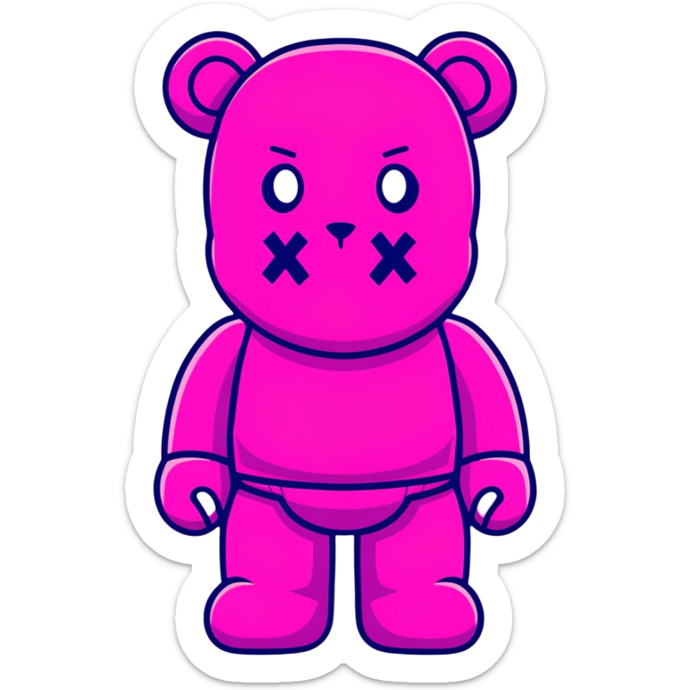 Bearbrick figure with classic KAWS crossed-out X eyes wearing a bright pink balaclava, colorful bear-shaped collectible toy sticker