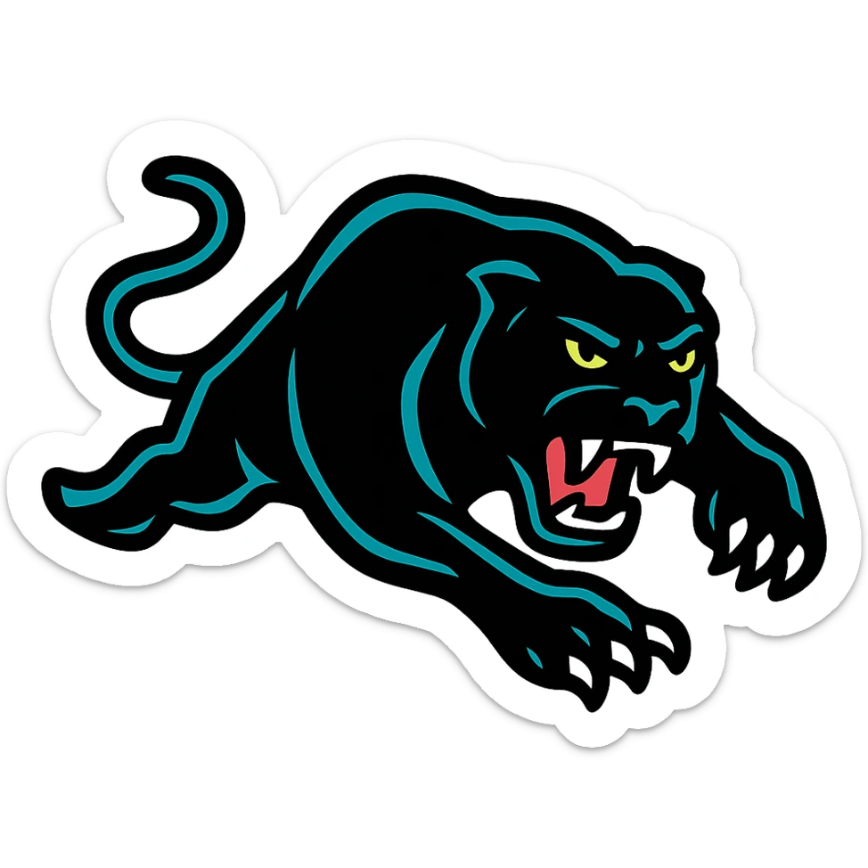 Penrith Panthers rugby league logo, fierce panther head, black and teal, bold lines, minimal background sticker