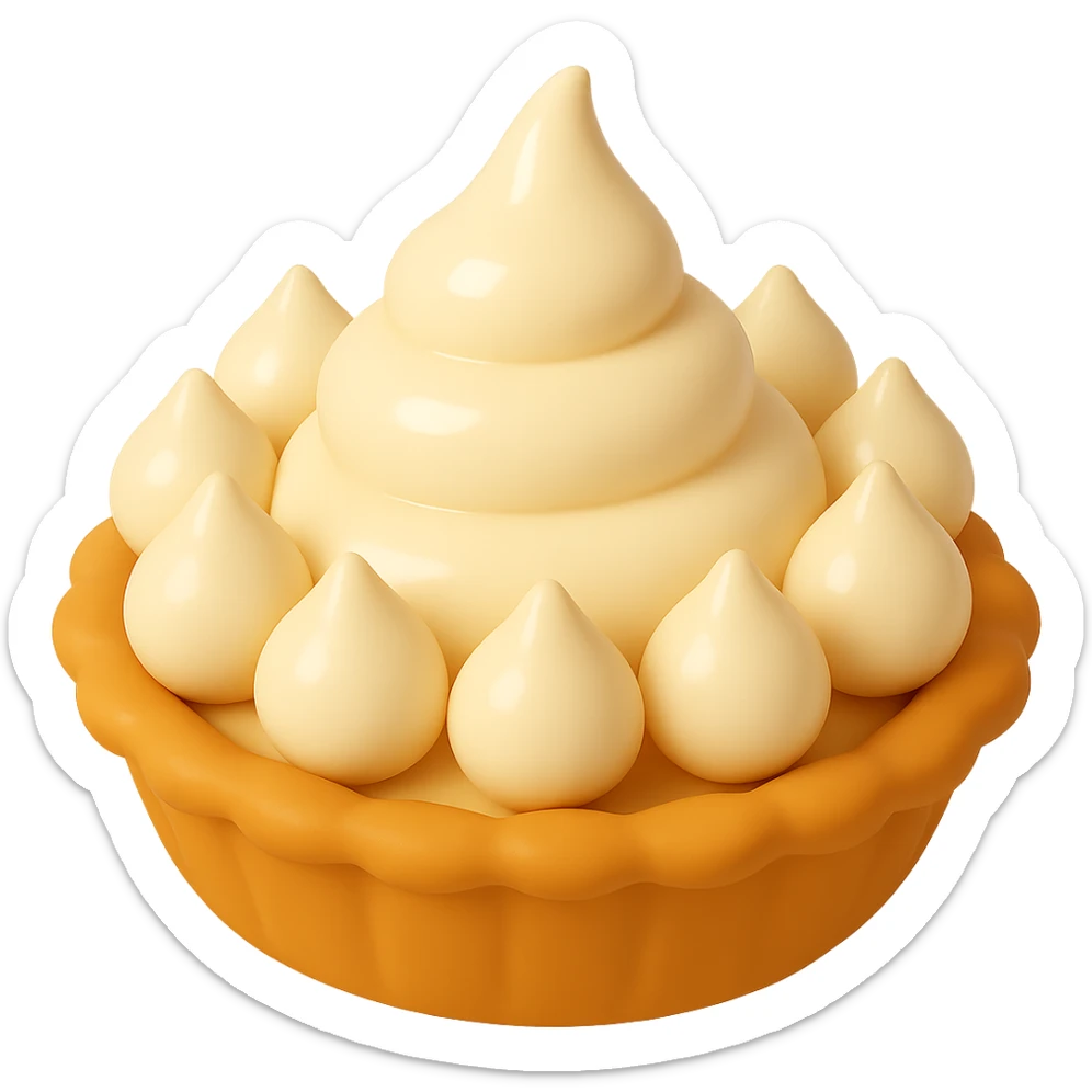 Frame 10 of 15: Cream pie with nine cream droplets, playful 3D emoji style, golden brown crust, same angle as reference sticker