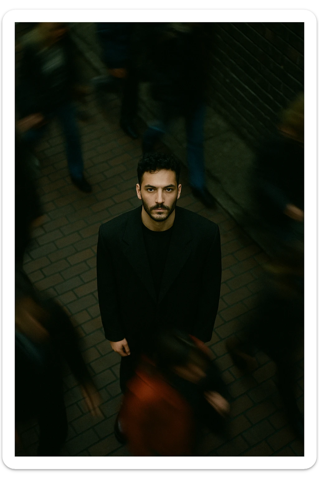overhead shot of me standing still on a brick city sidewalk, wearing a dark oversized blazer,
motion-blurred crowd rushes past around me. Moody lighting, 35mm film look, shallow depth of field, sharp focus on me. sticker
