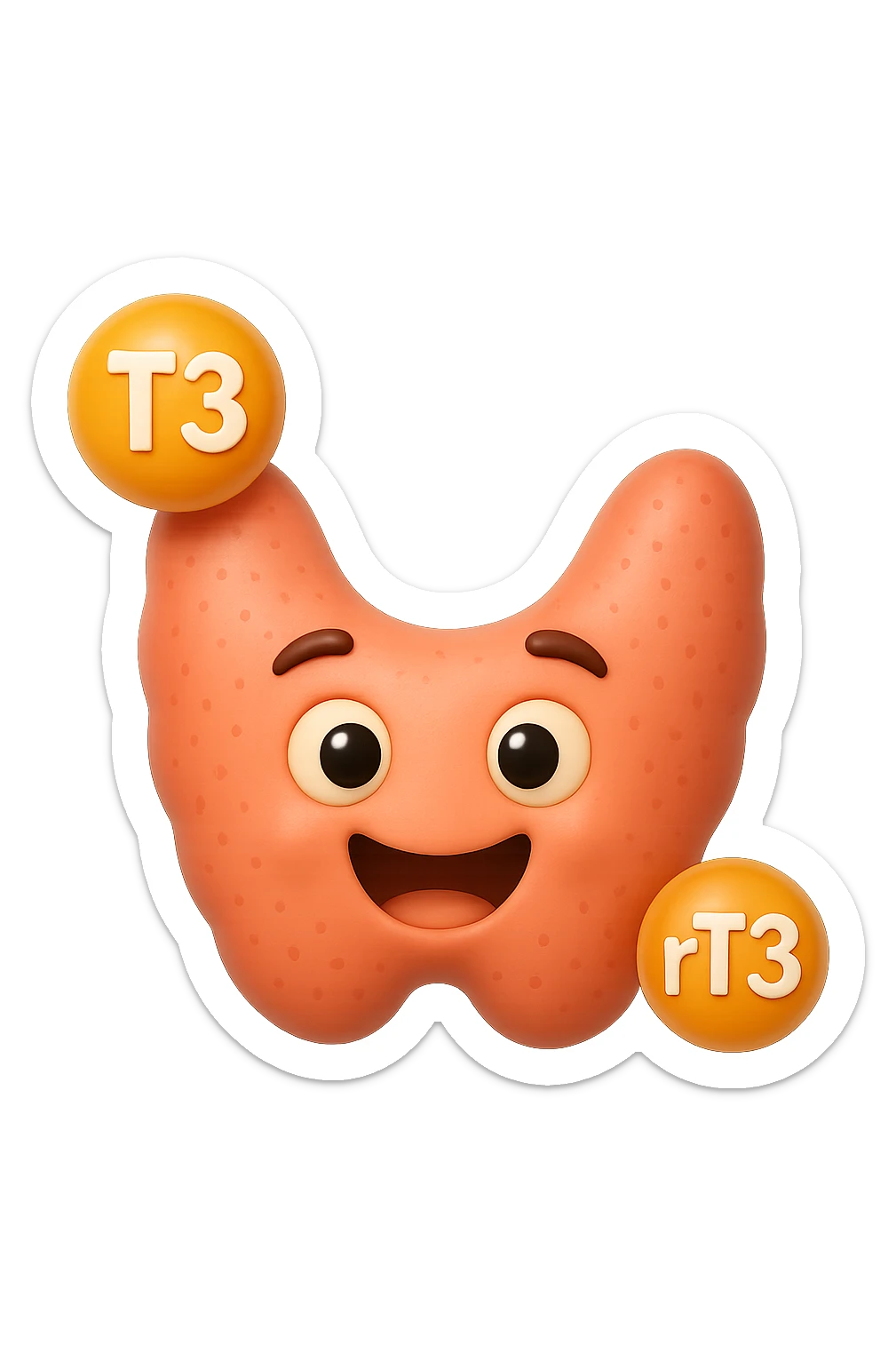 EMOJI STILE IPHONE 3D DI ormoni tiroidei (T3 ed rT3) che fluttuano in aria intorno ad una tiroide felice, iperrealistico 4k sticker