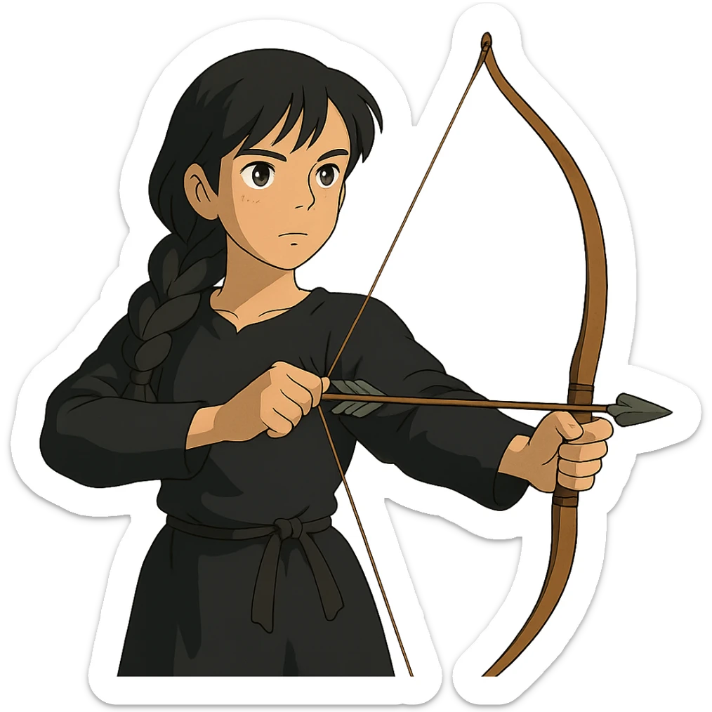 ghibli style girl with olive skin, gray eyes, black hair in a side braid, black outfit, bow and arrow sticker