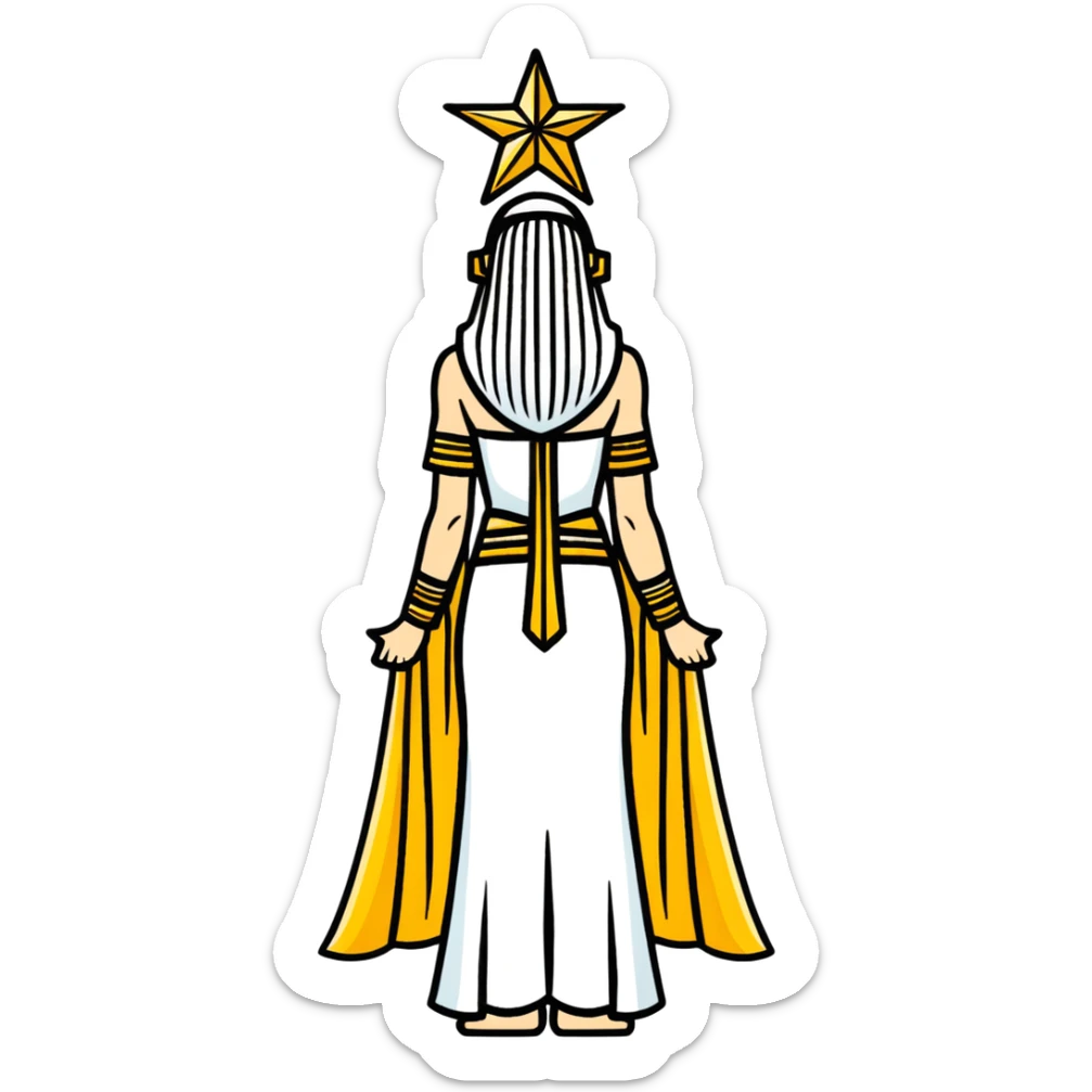 back view of Anunnaki goddess Inanna with detailed ceremonial robes and star symbols sticker
