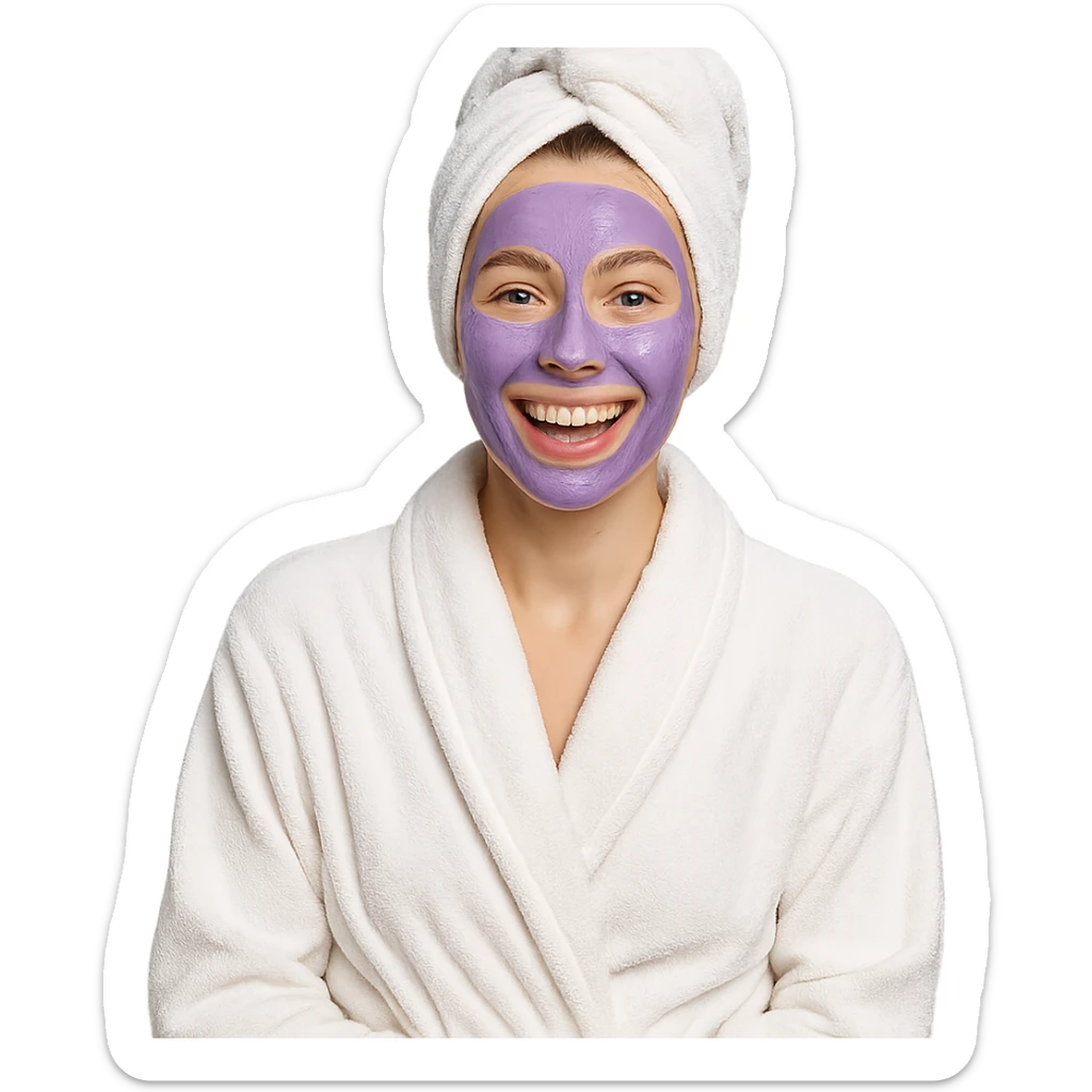 girl in a towel robe, purple clay mask, hair wrapped in towel, cheerful mood sticker
