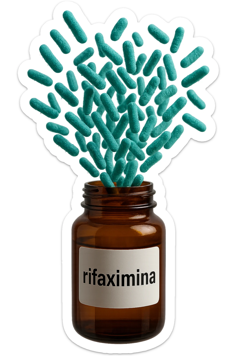 barattolo di medicinale con la scritta "rifaximina" sull'etichetta fluttua in aria, da dentro al barattolo escono batteri intestinali turchesi, iperrealistico 4k sticker