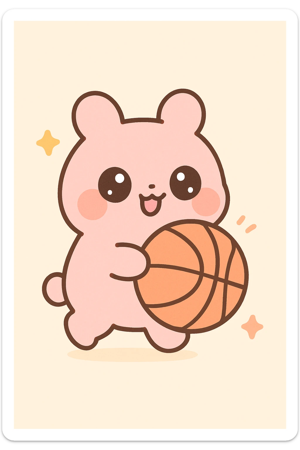 pink animal with a basketball, looking clumsy and adorable, kawaii style sticker