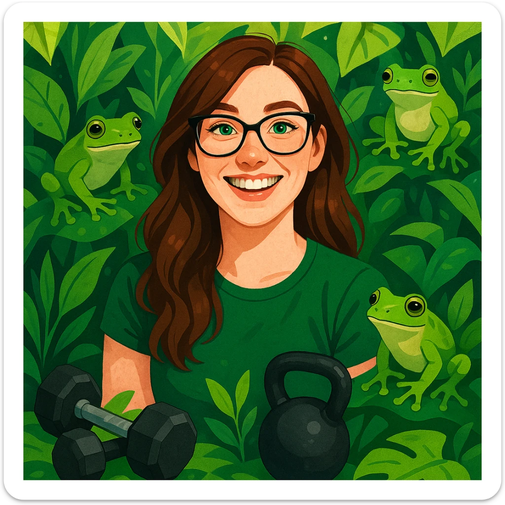 Irish woman with green eyes, brown hair, and glasses, smiling among plants and frogs, with weight training equipment nearby, modern digital art style sticker