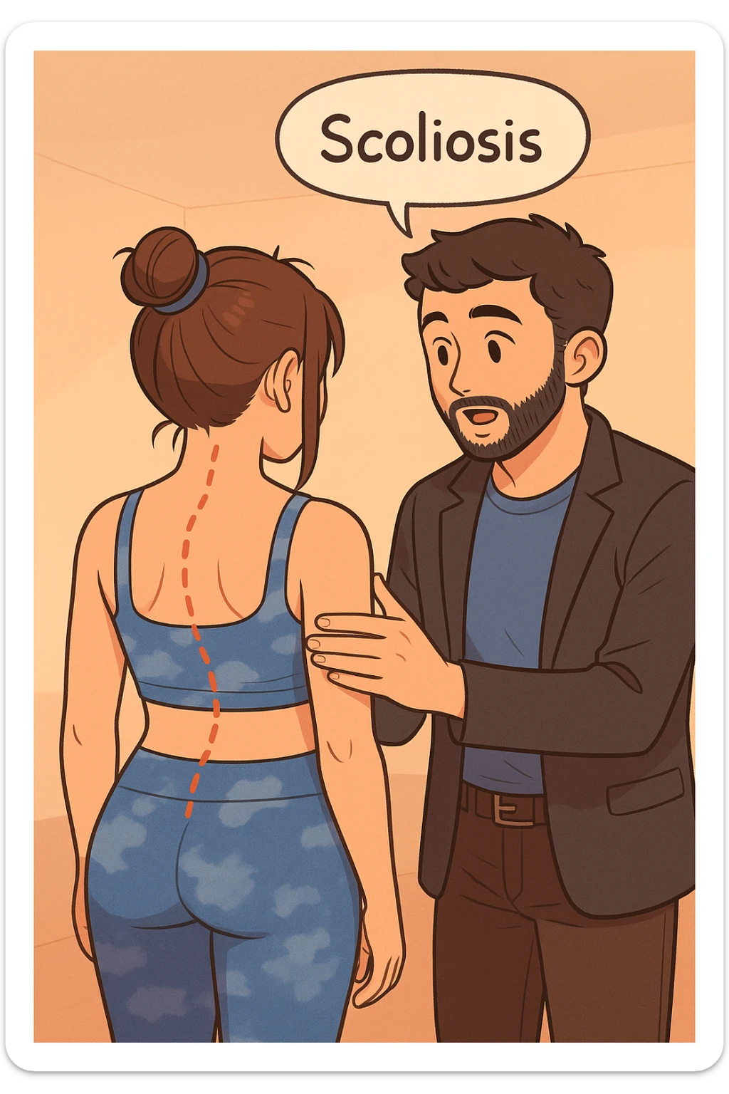 fai questa immagine in versione manga/webtoon a colori con stile di disegno carino e moderno, il manga mostra la donna di spalle, mentre l'uomo le tocca la spina dorsale per spiegarle come funziona la scoliosi:
Con una scoliosi il baricentro corporeo cade maggiormente da un lato; per non cadere la schiena compensa accumulando tensione sul fianco opposto.
Il risultato? Si inclina e ruota sempre più, fino a che non cede (discopatie, artrosi, ecc) sticker