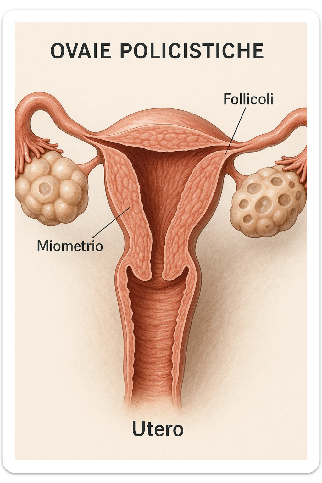 Illustrazione 3D medica realistica: ovaie policistiche con follicoli multipli, utero in sezione, dettagli clinici, colori realistici, didascalie in italiano, aspect ratio 2:3. sticker