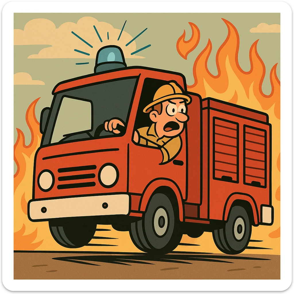 cartoon style fire truck with blue flashing light, fast driving, flames in the background sticker