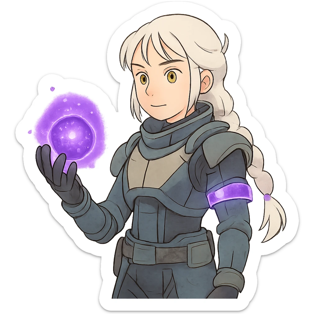 1 female, white hair long braid, gold yellow eyes, no helmet, a novice warlock from Destiny 2 armor, charging a void grenade in her hand, futuristic technology, with a glowing warlock bond, level 1 warlock sticker