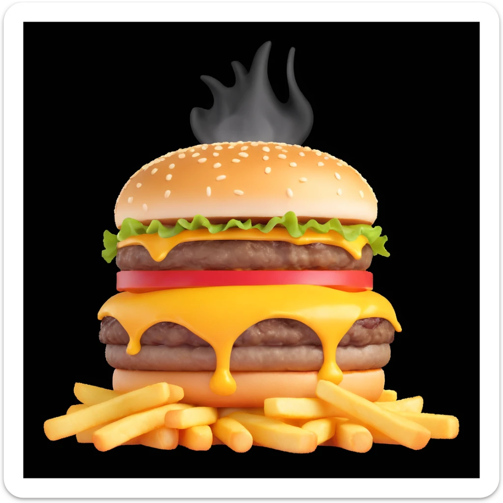 juicy triple-patty cheeseburger with melting triple cheese, crispy golden French fries on the side, hot steam rising from the food, fresh, delicious, sizzling hot, appetizing cartoon emoji style, high detail, bright colors sticker