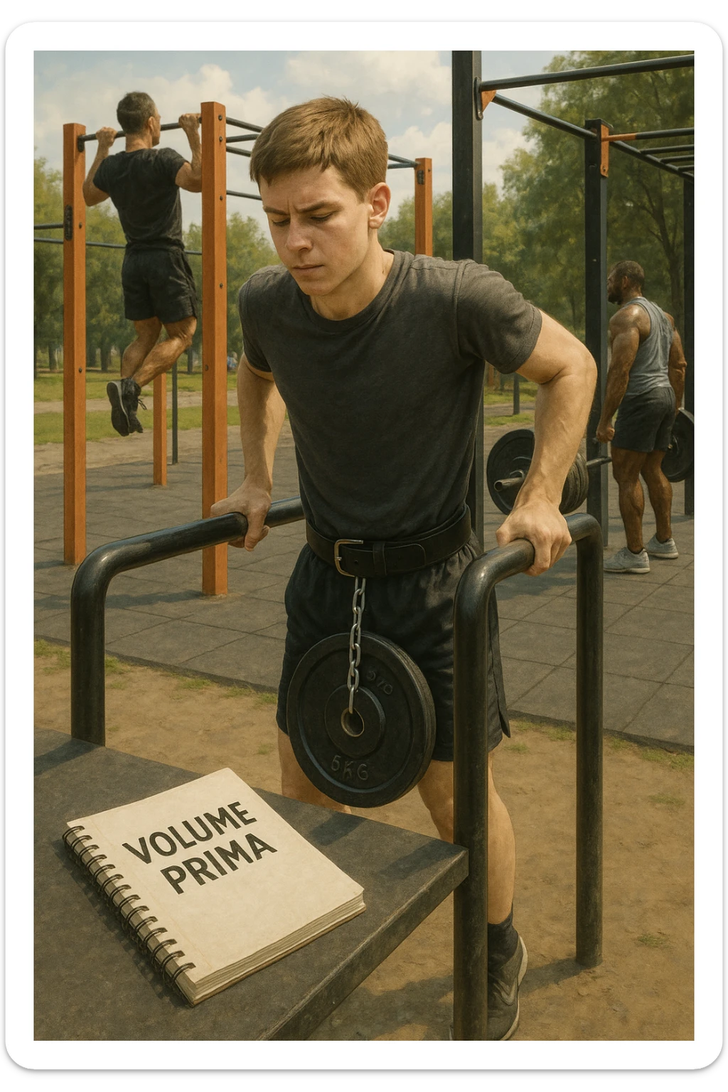 Atleta neofita giovane in un parco attrezzato per streetlifting, fisico ancora in fase iniziale. È intento a eseguire molte ripetizioni di esercizi a corpo libero con pesi leggeri (zavorra moderata), come trazioni e dip su parallele. Accanto a lui un taccuino di allenamento con la scritta 'Volume Prima'. L’atmosfera è luminosa e motivante, con altri atleti più muscolosi che sollevano carichi pesanti, ma lui è concentrato sul gesto tecnico e sulla costanza. Stile realistico, colori naturali, messaggio educativo su priorità all’adattamento progressivo e al volume. sticker