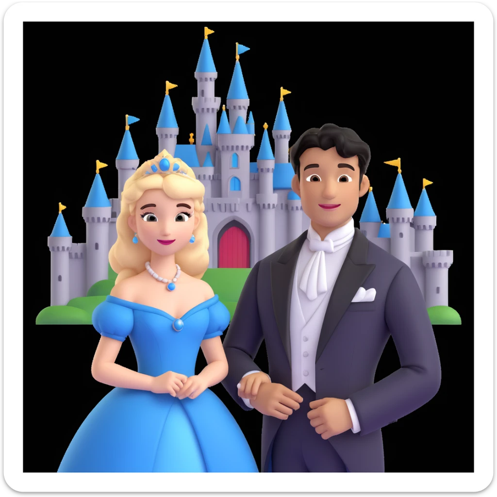 prince and princess Disney dress close up photo in castle background sticker