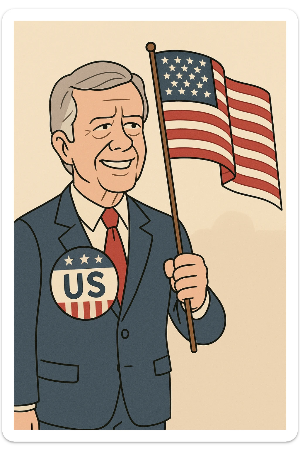 US President Carter  wearing a blue suit with a large US badge on his chest holding an American Flag sticker