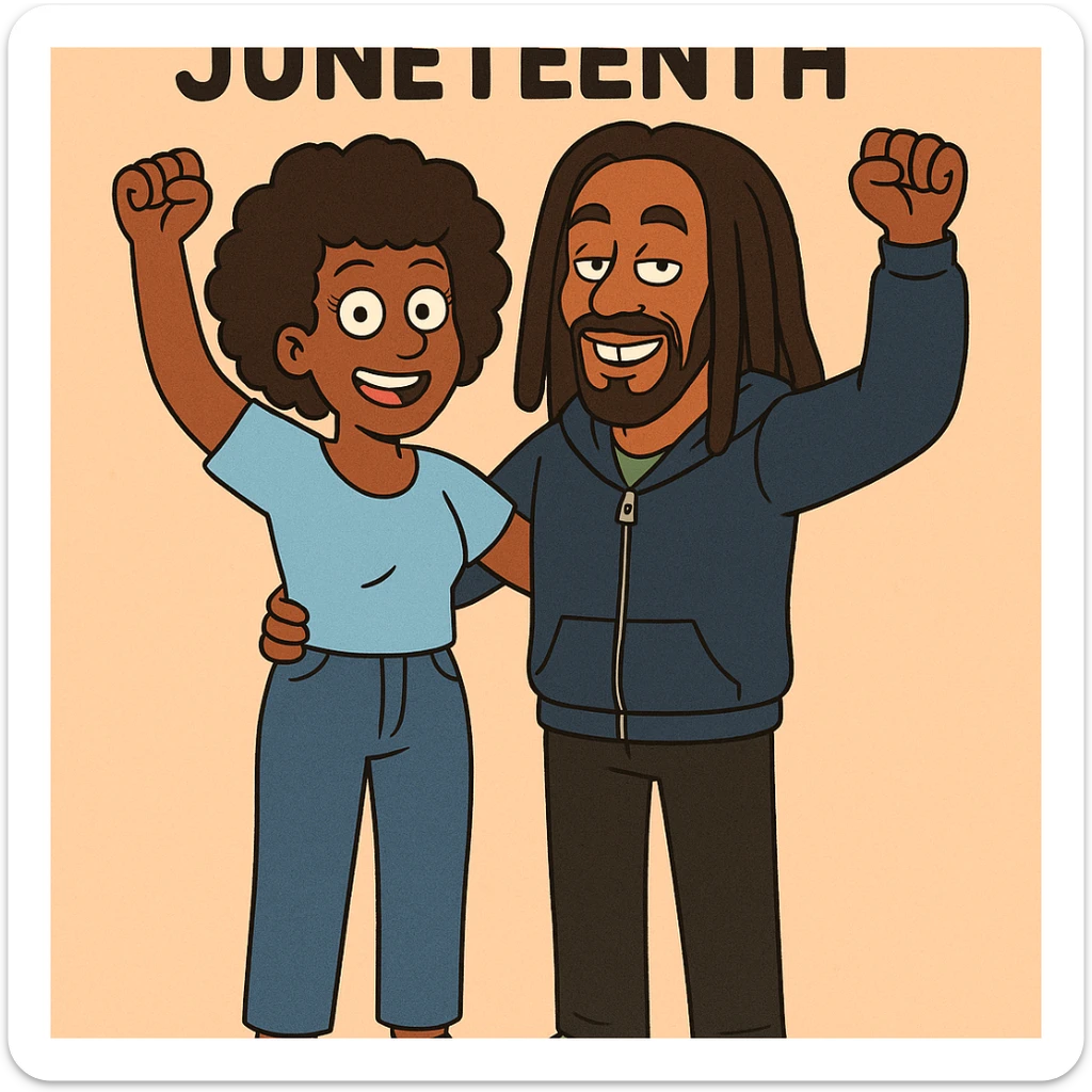 A woman Kinky hair light blue shirt blue jeans white shoes boy Dreadlocks dark brown hair green shuts navy blue zip up hoodie black jeans green shoes Bob Marley Vanessa Nakate Mae Jemison Happy JUNETEENTH sticker