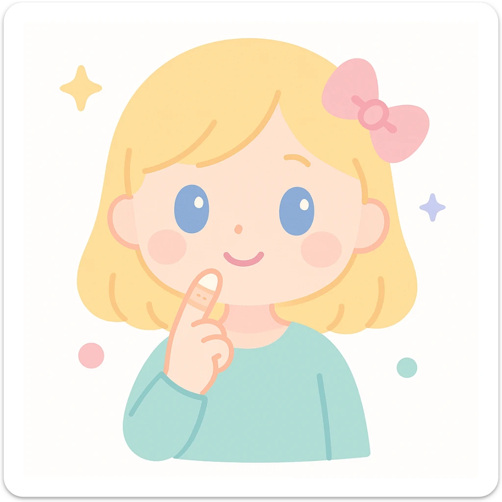 blonde-haired, blue-eyed, fair-skinned girl with a bandaged index finger, finger on chin in a thoughtful pose, soft anime style sticker