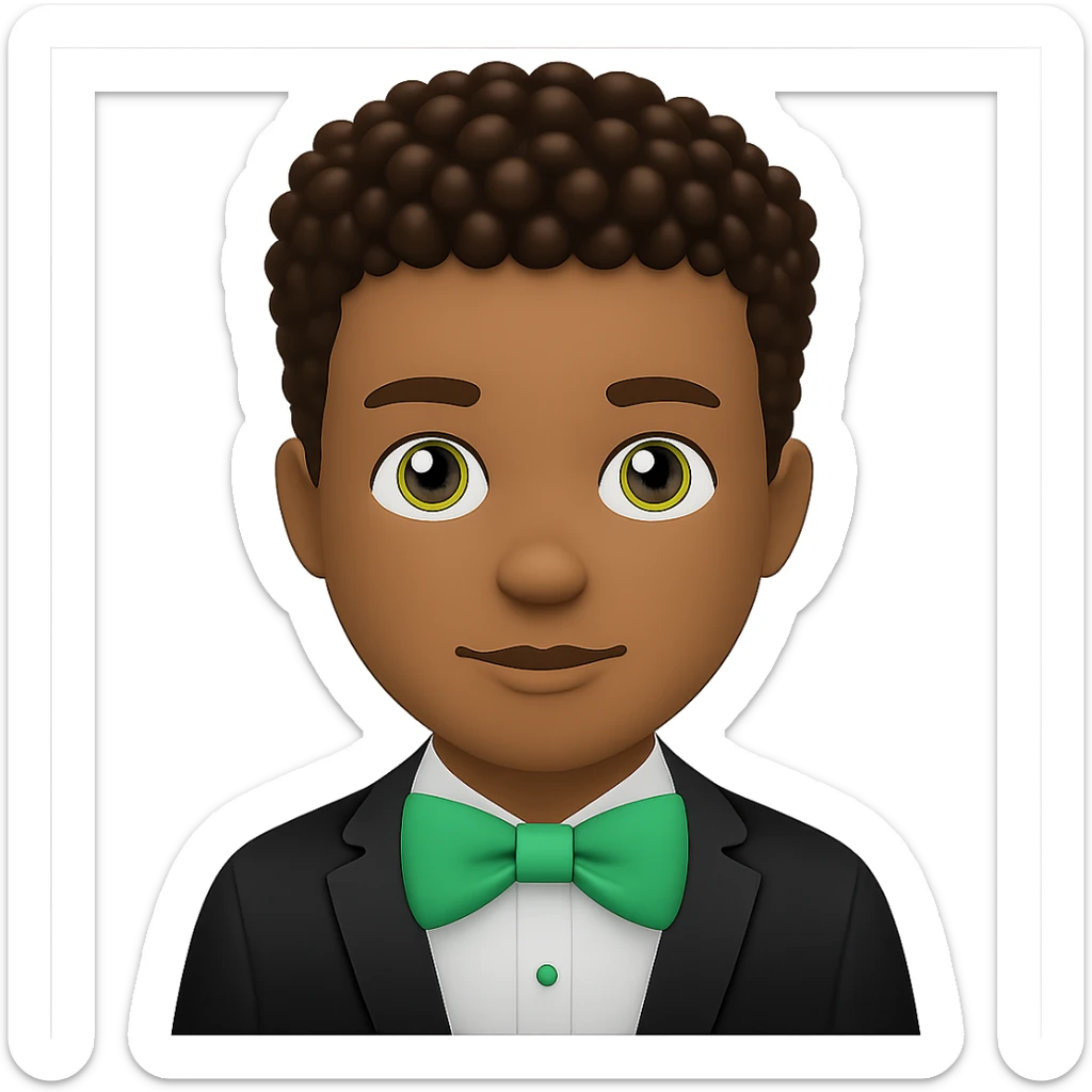 Change the man's hair to curly hair, keep the man with green bow tie, in apple emoji style, with no background. sticker