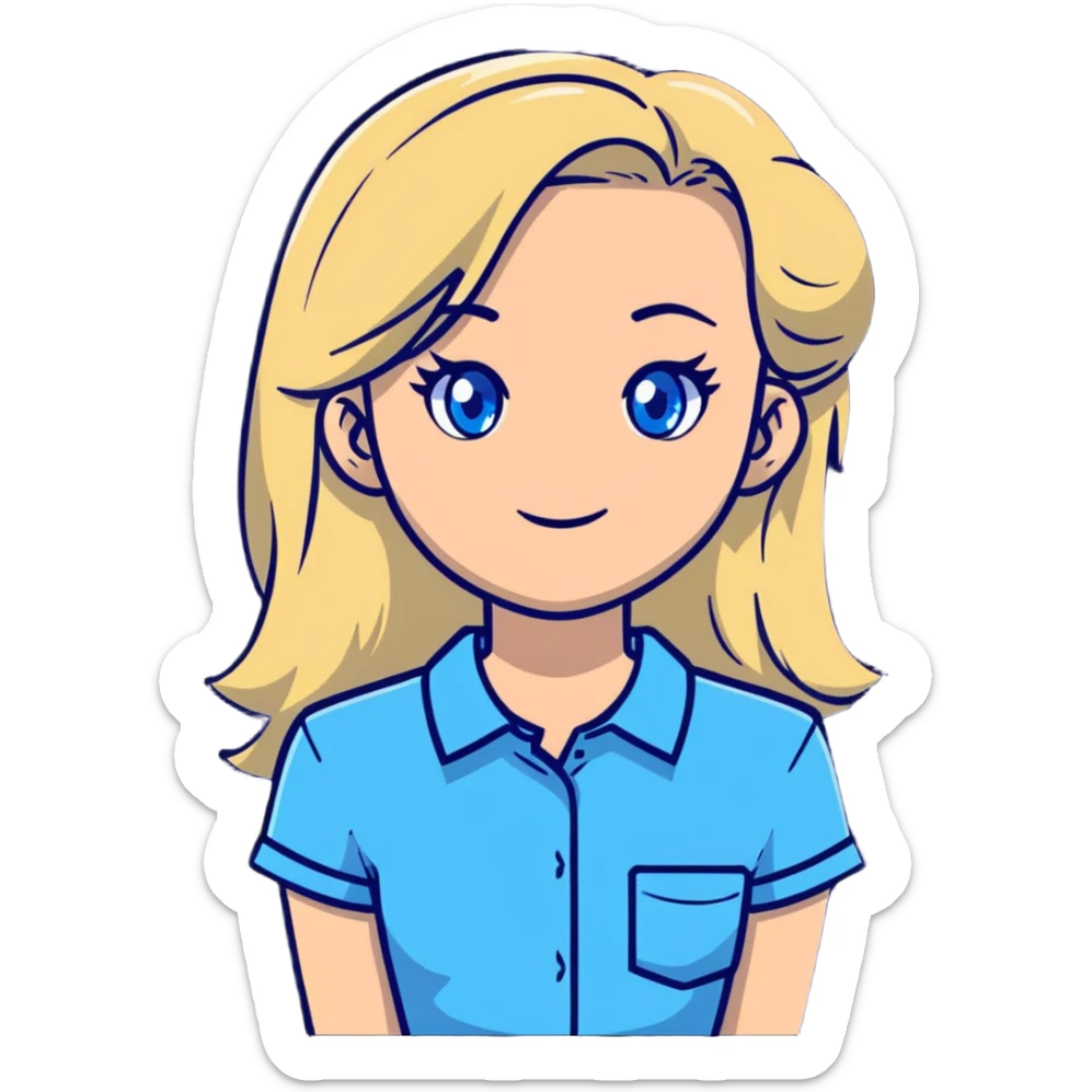 light gentle 20 year old girl in a shirt, light hair, blue eyes sticker