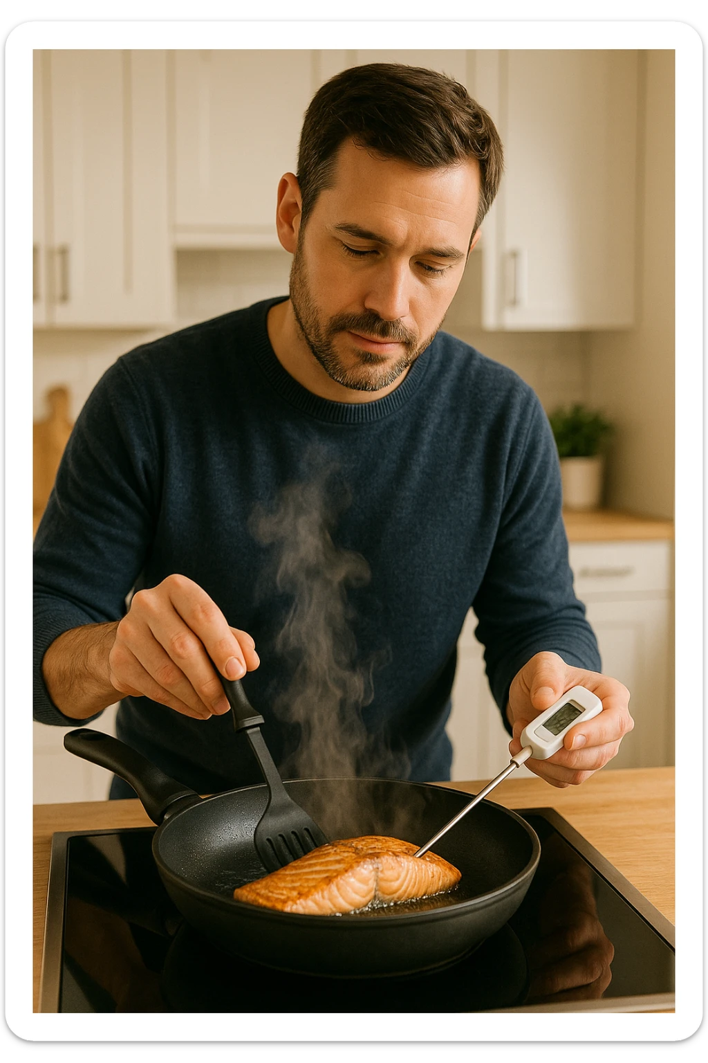 Uomo tra i 30 e i 45 anni in cucina moderna, concentrato mentre cucina un filetto di salmone fresco in padella. Si vede il vapore che sale, la superficie del salmone dorata e ben cotta. L’uomo usa utensili puliti, termometro da cucina nella mano sinistra per controllare la temperatura interna. Sullo sfondo, atmosfera luminosa e pulita, messaggio visivo implicito di sicurezza alimentare e buona pratica. Stile realistico e rassicurante, colori caldi e tono domestico. sticker