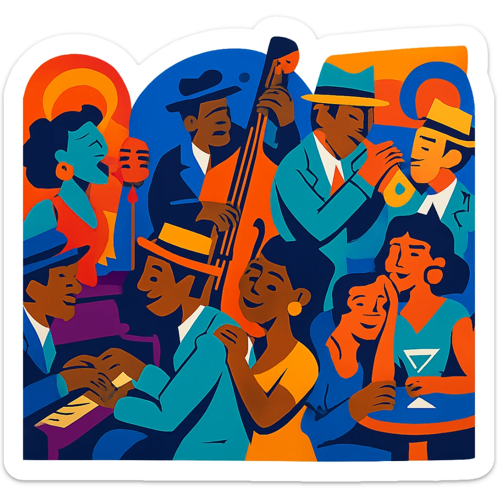 1940s jazz nightclub scene, vibrant toon style, energetic colors, no text sticker