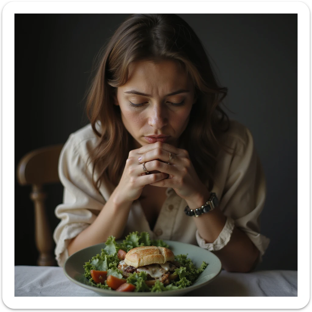 donna triste che mangia insalata, espressione triste, iperrealismo 4K, variazione 6 sticker