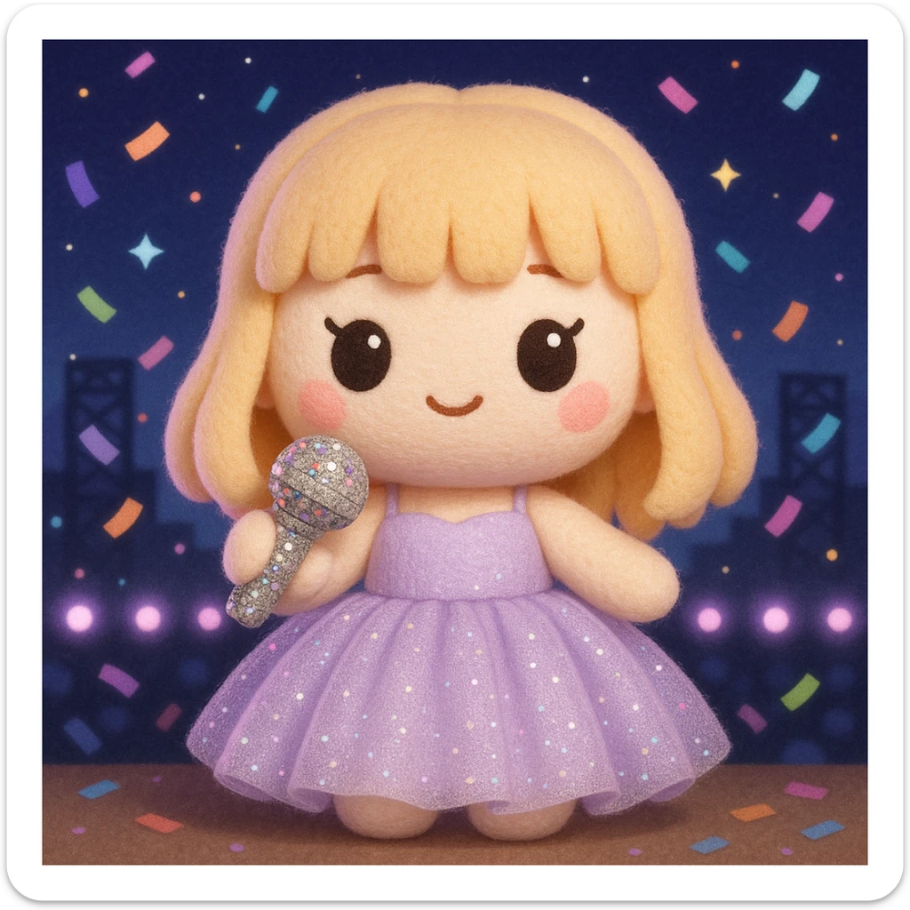 Pretty and girly Blonde pop star with bangs wearing a sparkly tulle light purple ballgown, holding a bedazzled microphone, reimagined as a soft kawaii plushie doll, with a nighttime concert backdrop with colorful confetti sticker