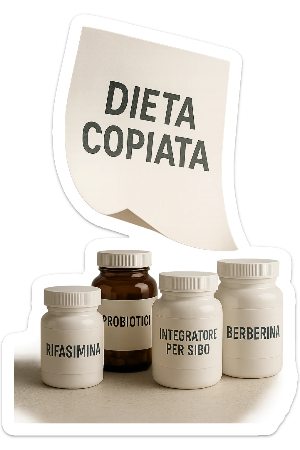 FOGLIO DI CARTA FLUTTUA IN ARIA CON LA SCRITTA "DIETA COPIATA", INSIEME A BARATTOLI DI INTEGRATORI PER CURARE IL SIBO IN ITALIANO, IPERREALISTICO 4K, NON DISEGNATO sticker