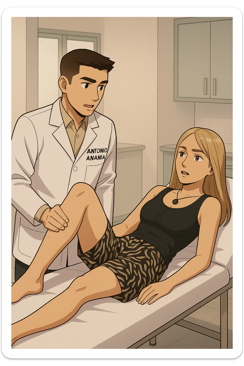 fai un webtoon/manga a colori con questo kinesiologo in camice bianco (fagli la scritta "ANTONIO ANANIA" SUL CAMICE) CHE SVOLGE UN TEST NEUROMUSCOLARE SOLLEVANDO UNA GAMBA ALLA RAGAZZA CHE è STESA SU UN LETTINO BIANCO. DURANTE IL TEST I DUE DIALOGANO TRA LORO. NON FARE I FUMETTI, FAI SOLO LORO COME SE DIALOGASSERO sticker